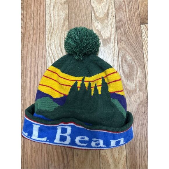 LL Bean Mountain Katahdin Beanie Winter Pom Pom Hat‎ Green Blue Ski Unisex Adult - Picture 1 of 3